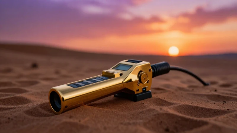 Detector de oro en paisaje desértico cinematográfico