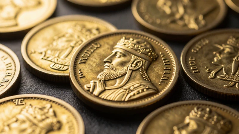 Monedas persas doradas, retrato dinástico, iluminación impactante