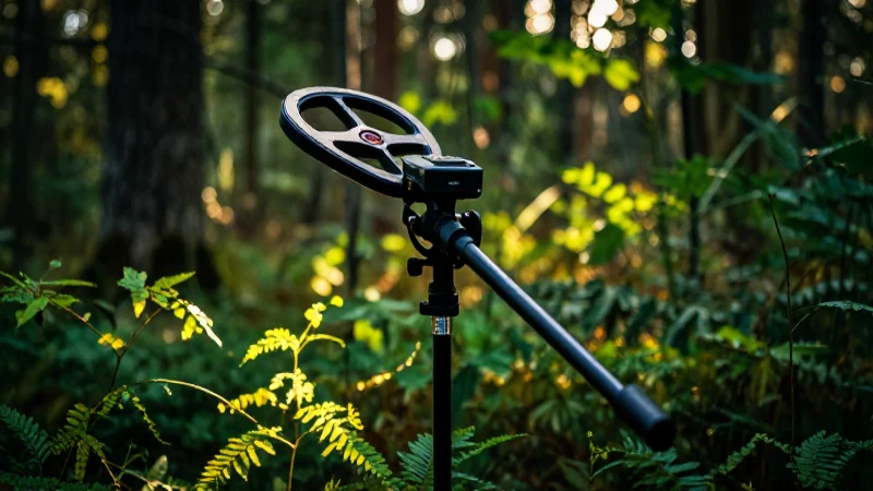 Detector OKM en bosque, luz dorada y dramática
