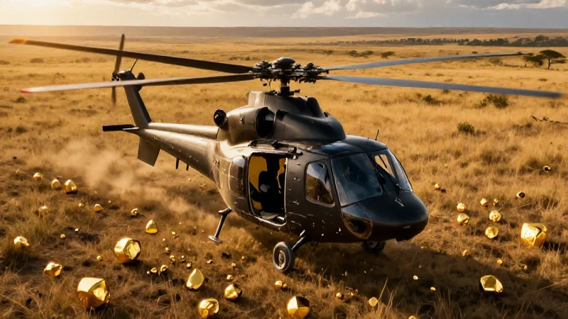 Helicóptero negro en sabana dorada y vibrante
