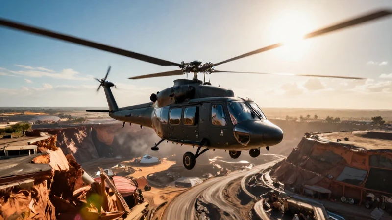 Helicóptero negro en mina de oro dramática
