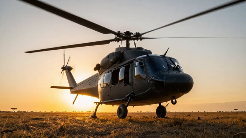 Helicóptero en sabana: puesta de sol impactante