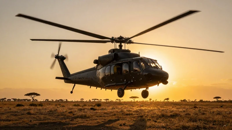 Helicóptero negro en la sabana al atardecer
