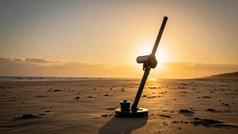 Detector de metales en playa, luz dorada impactante