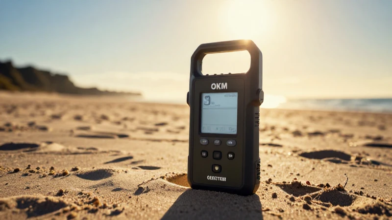 Detector GPR en playa, luz dorada cinematográfica