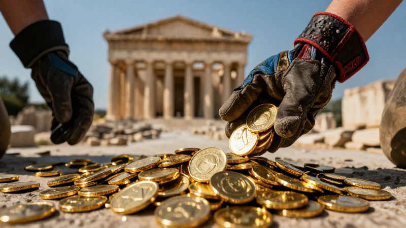 Monedas de oro en ruinas griegas antiguas