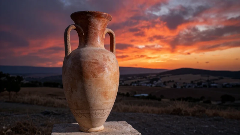 Ámfora griega al atardecer con contraste dramático