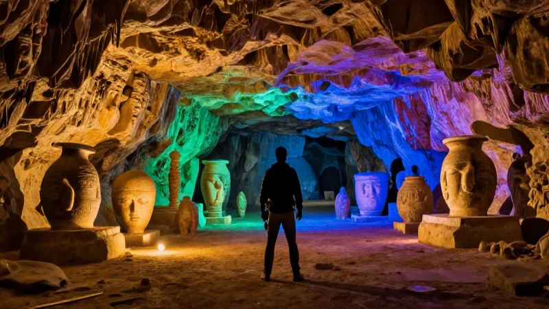 Tesoros griegos en cueva, luz cinematográfica impactante