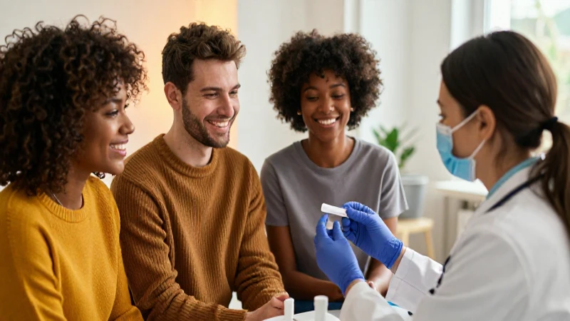 Comunidad sonriente recibiendo prueba rápida de COVID
