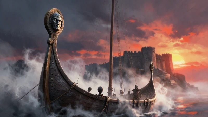 Harald Blauzahn: Auf der Suche nach dem verschollenen Grab 3 Un drakkar vikingo con figura heroica al atardecer