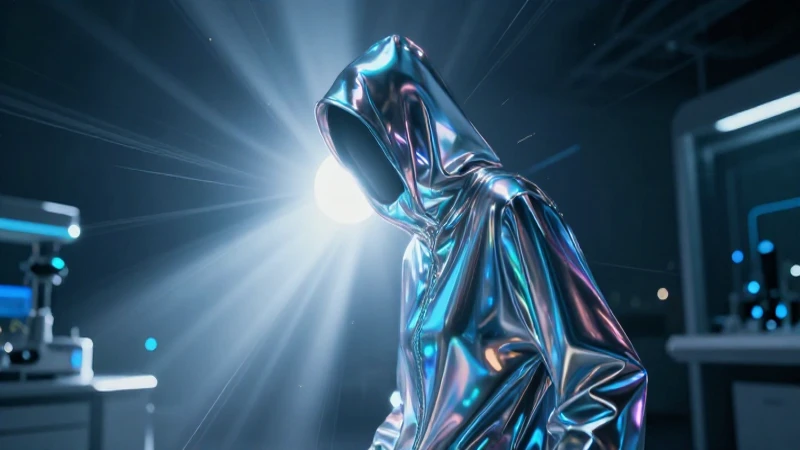 Laboratorio futurista con figura azul envuelta