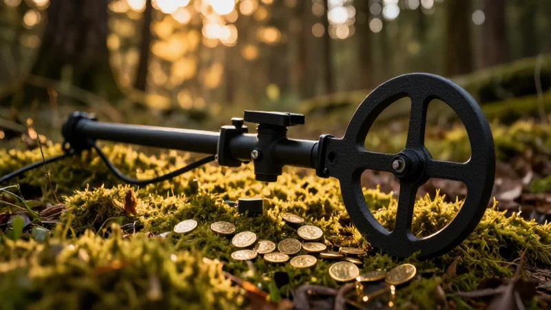 Detector halla monedas doradas en bosque