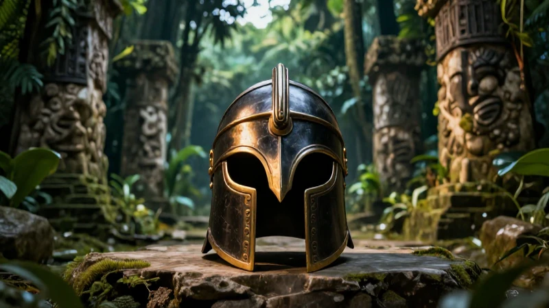 Casco guerrero Maya en ruinas vibrantes
