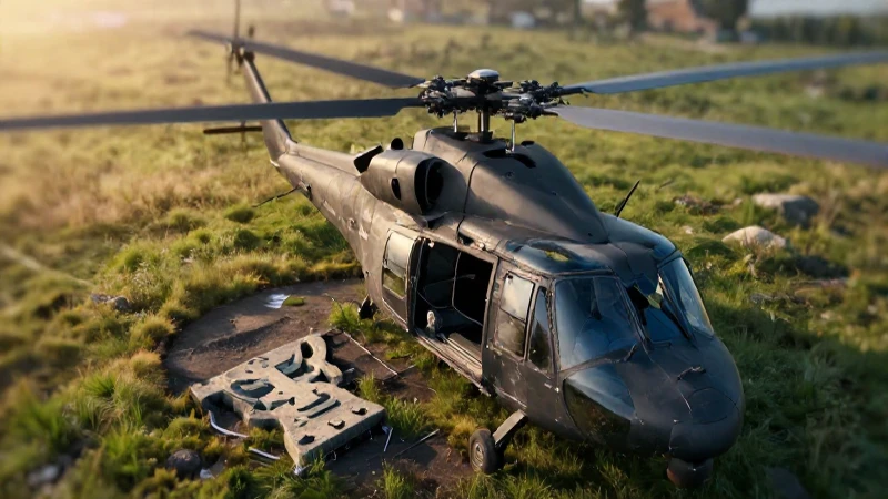 Helicóptero caído entre ruinas con luz dorada