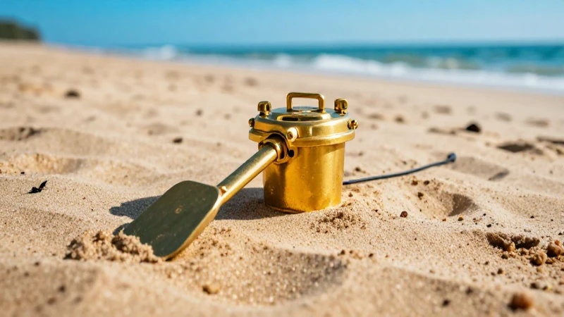 Detector dorado en playa soleada y vibrante
