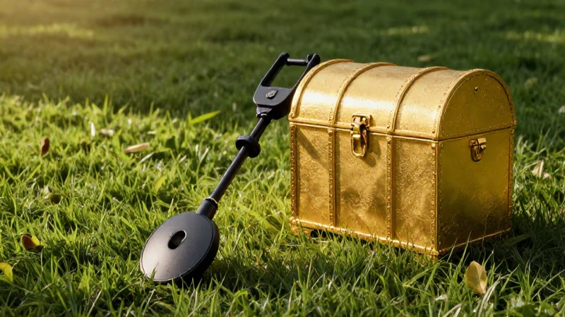 Cofre dourado en campo con luz dramática