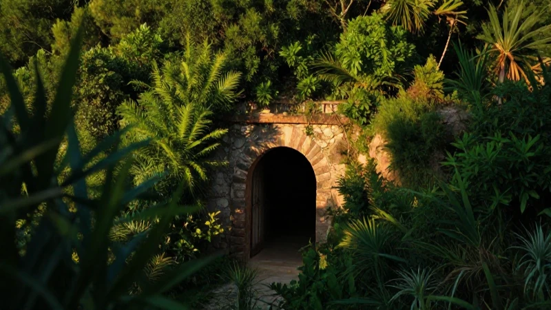 Entrada minera española en luz dorada