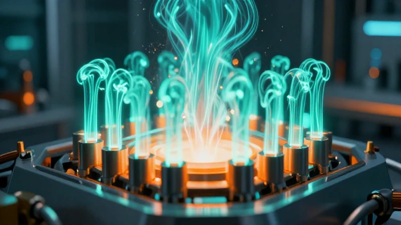 Electrolizador futurista con hidrógeno brillante y dramático