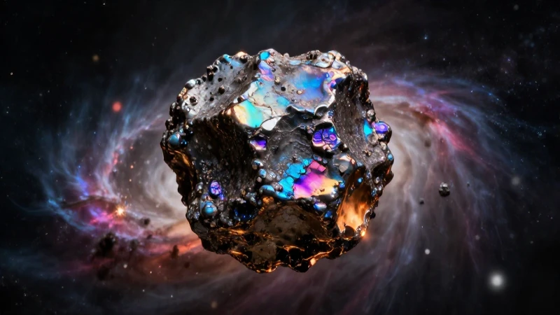Asteroide iridiscente con iluminación dramática y detalle