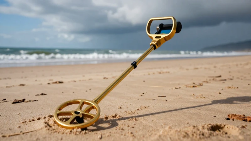 Detector dorado en playa, imagen dramática y vibrante