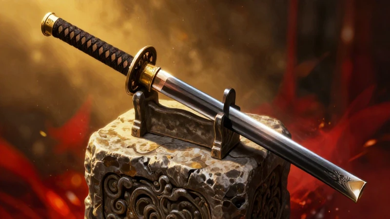 Honjo Masamune Sword Found: Top 11 Hidden Treasures Await 7 Katana antigua en pedestal resaltada y realista