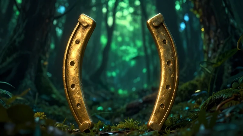 Imagen dramática: herradura dorada en bosque místico