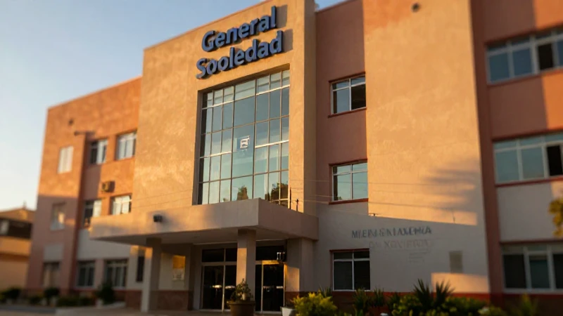 Fachada hospitalaria con branding minero cálido y dramático