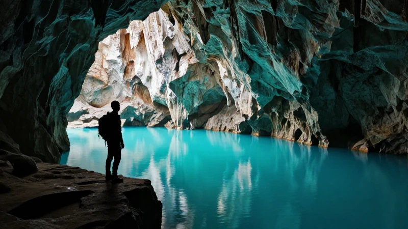Silueta en cueva, acantilado, luz y reflejo turquesa