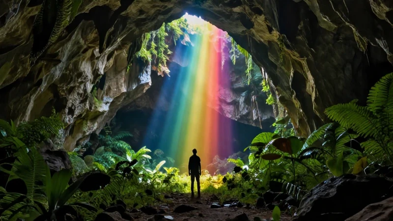 Entrada a cueva dramática, aventurero iluminado