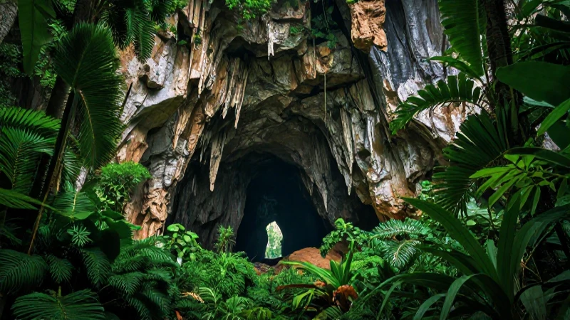 Impresionante entrada a cueva en jungla vibrante