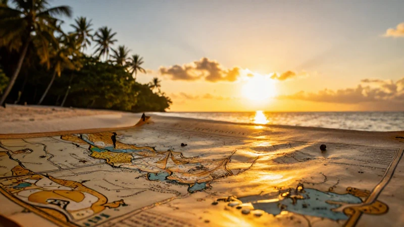 Aventurero frente a atardecer tropical y mapa