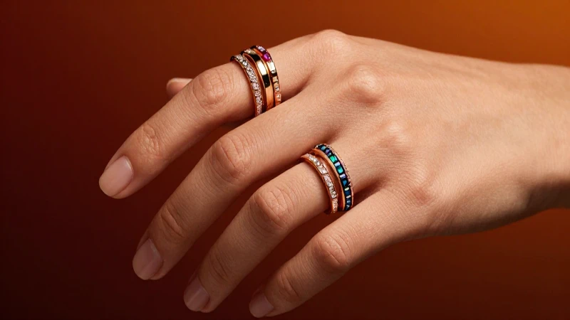 Anillos apilados con iluminación cálida y elegante