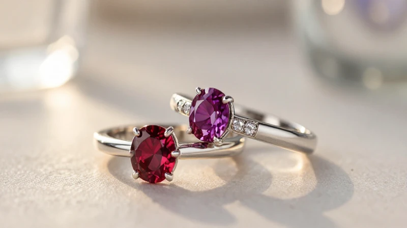 Anillos apilados resaltan en luz cálida y elegante