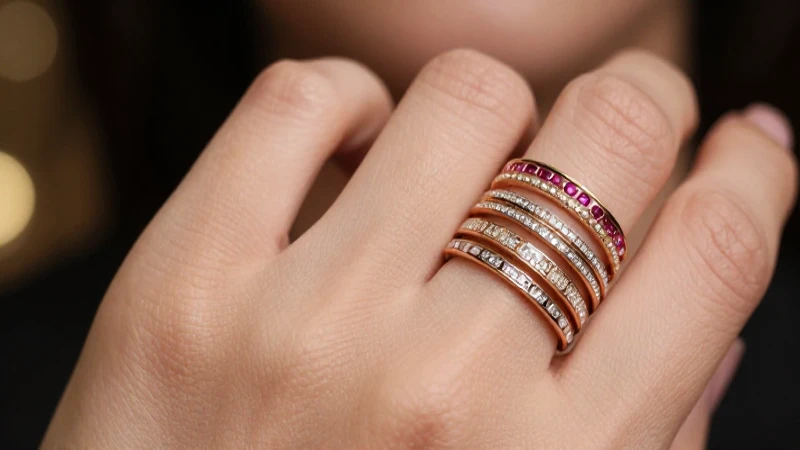 Anillos apilados en la mano femenina elegantemente