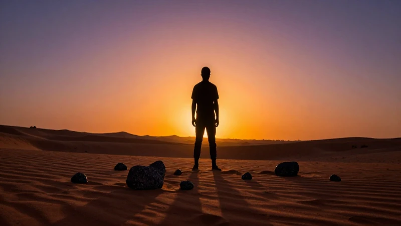 Cazador de meteoritos al atardecer en el desierto