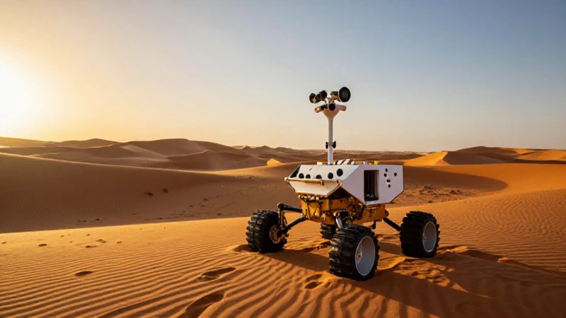 Rover espacial en desierto, luz dorada épica