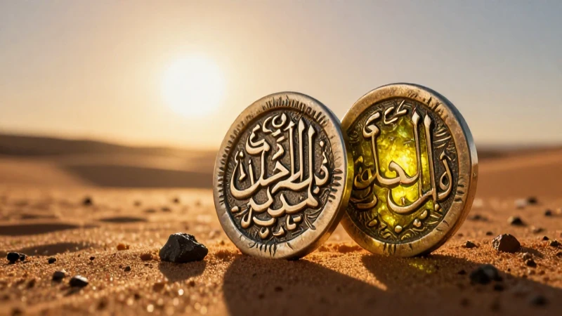 Monedas árabes y meteorito en el desierto