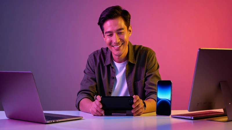 Padre sonríe entre tecnología con luz cálida
