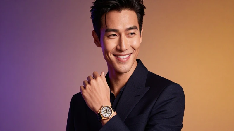 Hombre elegante sonríe con reloj lujoso