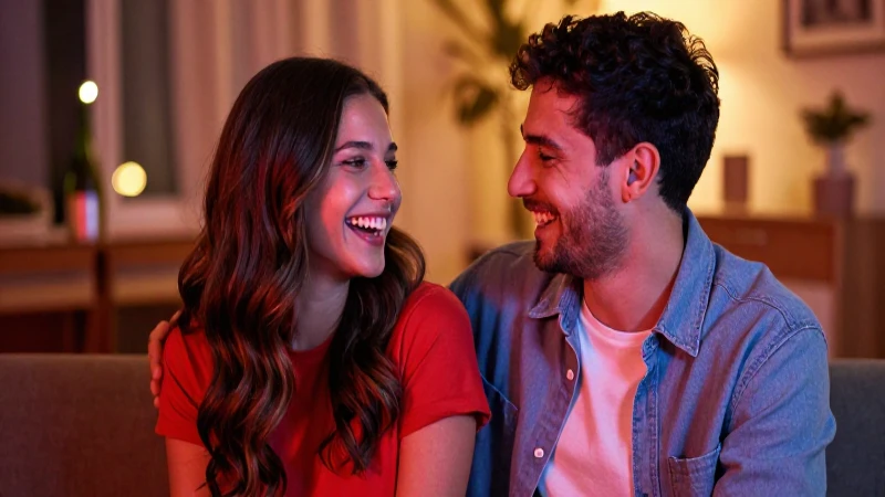 Pareja joven sonríe en ambiente cálido y romántico