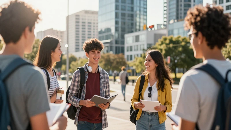 Ciudad estudiantil vibrante bajo luz soleada