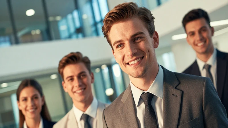 Aprendices sonríen en moderno ambiente corporativo