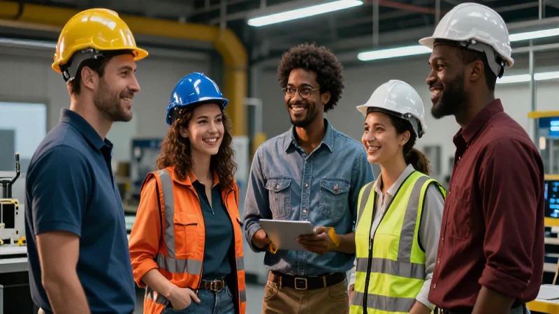 Ingenieros colaboran en taller moderno y vibrante