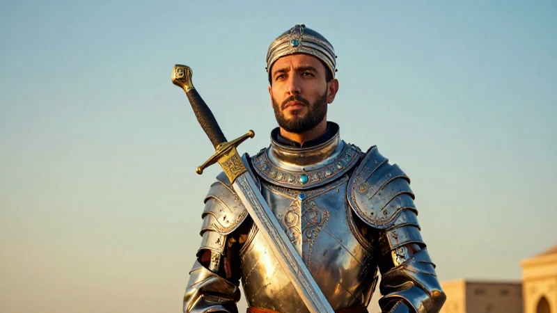 Noble persa en armadura, luz dorada cinematográfica