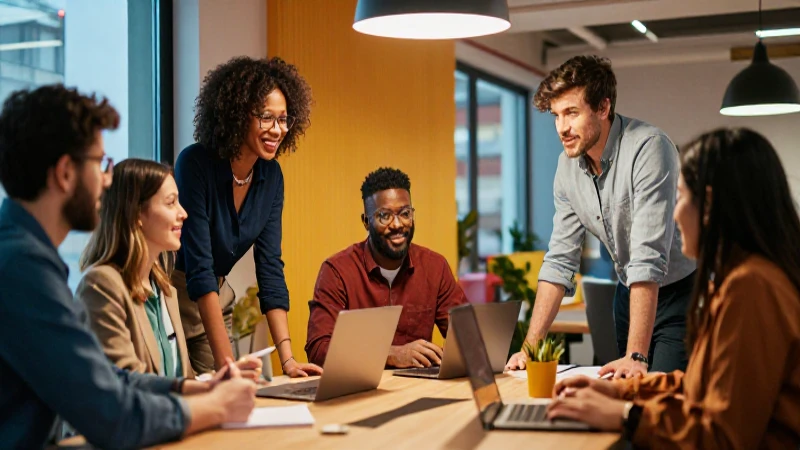 Profesionales colaborando en moderno y vibrante espacio