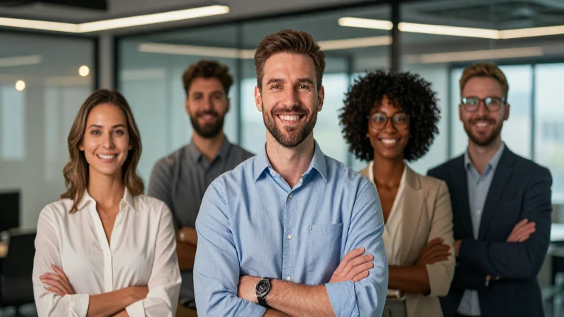 Profesionales sonrientes en oficina moderna y vibrante