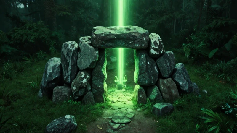 Entrada misteriosa de Oak Island, luz esmeralda intensa
