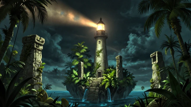 Faro místico en ruinas, evocador arte fantástico