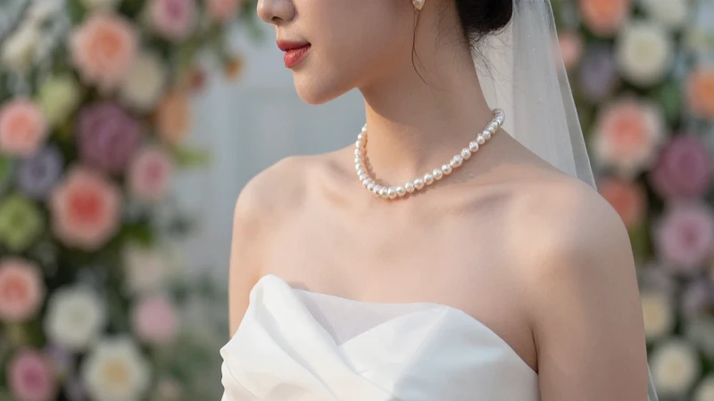 Novia elegante, joyas delicadas y fondo floral suave