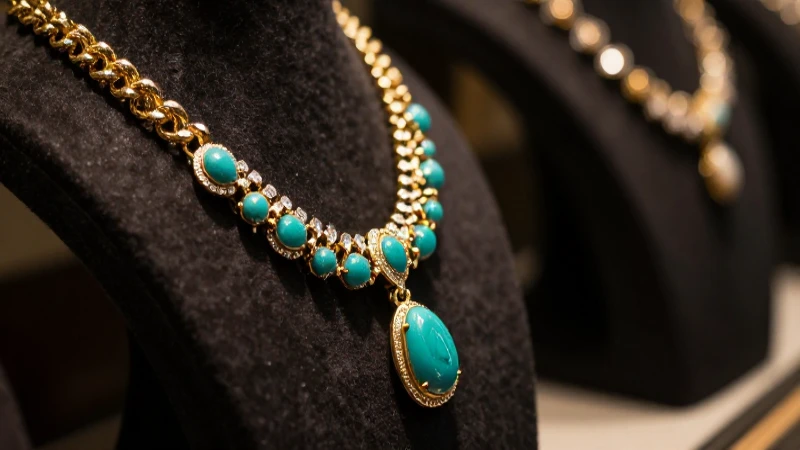 Joyas doradas y turquesa en estudio.​